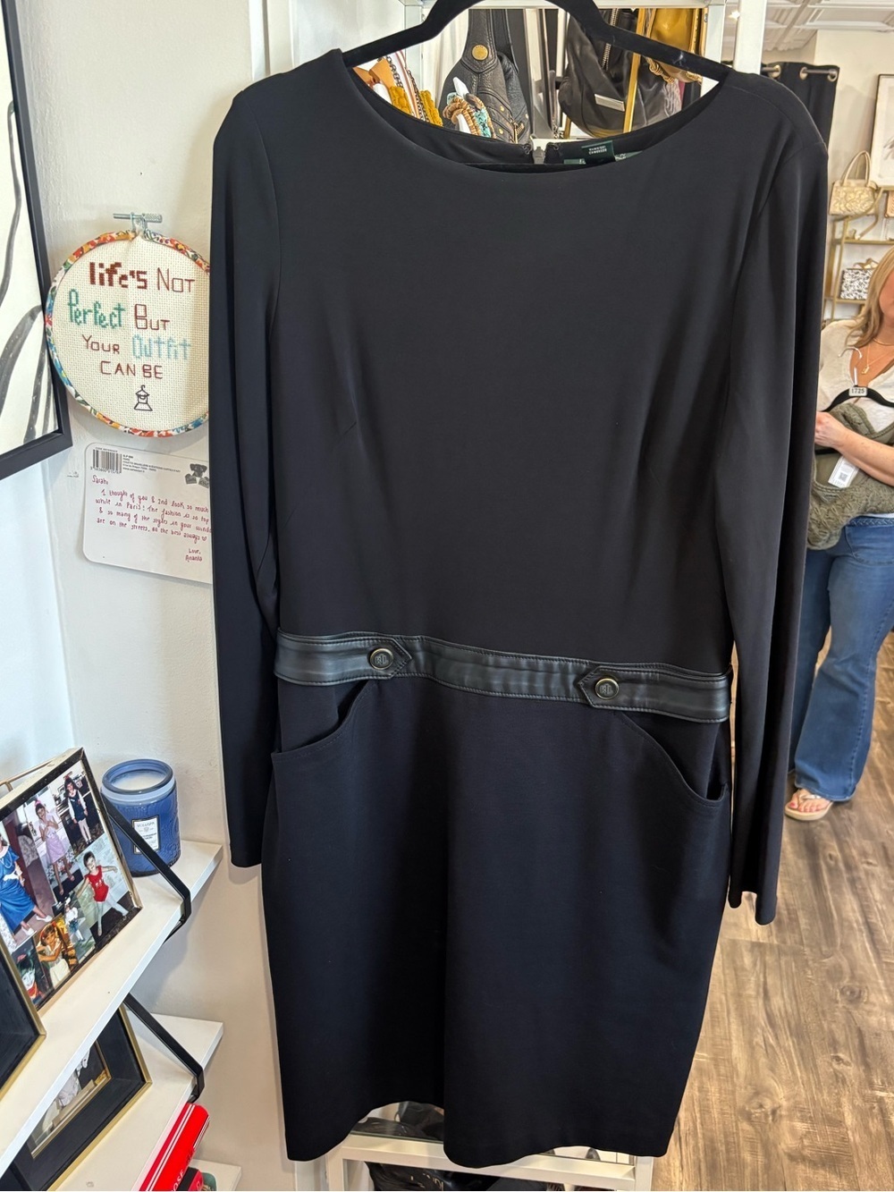 Ralph Lauren Black Long-Sleeve Sheath Dress with Faux Leather Trim